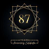 87 years Anniversary Celebration Design. 87 anniversary logo with golden frame isolated on black background. Vector design for anniversary celebration event, birthday party, greeting card.