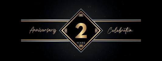 2 years anniversary golden color with decorative frame isolated on black background for anniversary celebration event, birthday party, brochure, greeting card. 2 Year Anniversary Template Design vector