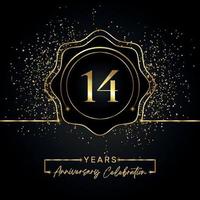 14 years anniversary celebration with golden star frame isolated on black background. Vector design for greeting card, birthday party, wedding, event party, invitation card. 14 years Anniversary logo.