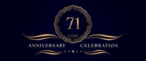 71 years anniversary celebration with elegant circle frame isolated on dark blue background. Vector design for greeting card, birthday party, wedding, event party, ceremony. 71 years Anniversary logo.