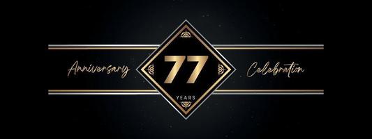 Color dorado de aniversario de 77 años con marco decorativo aislado en fondo negro para evento de celebración de aniversario, fiesta de cumpleaños, folleto, tarjeta de felicitación. diseño de plantilla de aniversario de 77 años vector