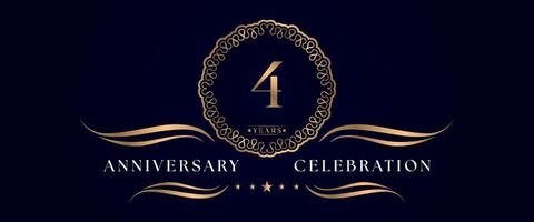 4 years anniversary celebration with elegant circle frame isolated on dark blue background. Vector design for greeting card, birthday party, wedding, event party, ceremony. 4 years Anniversary logo.