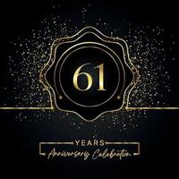 61 years anniversary celebration with golden star frame isolated on black background. Vector design for greeting card, birthday party, wedding, event party, invitation card. 61 years Anniversary logo.