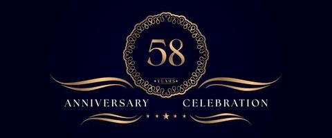 Celebración del aniversario de 58 años con un elegante marco circular aislado en un fondo azul oscuro. diseño vectorial para tarjetas de felicitación, fiesta de cumpleaños, boda, fiesta de eventos, ceremonia. Logotipo de aniversario de 58 años. vector