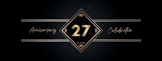 27 años de color dorado de aniversario con marco decorativo aislado en fondo negro para el evento de celebración de aniversario, fiesta de cumpleaños, folleto, tarjeta de felicitación. diseño de plantilla de aniversario de 27 años vector