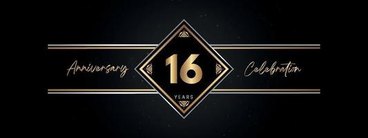 16 years anniversary golden color with decorative frame isolated on black background for anniversary celebration event, birthday party, brochure, greeting card. 16 Year Anniversary Template Design vector