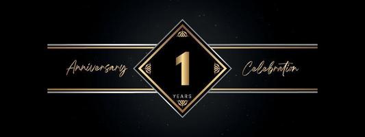 1 years anniversary golden color with decorative frame isolated on black background for anniversary celebration event, birthday party, brochure, greeting card. 1 Year Anniversary Template Design vector