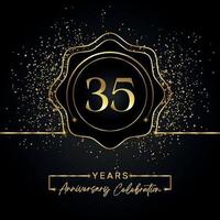 35 years anniversary celebration with golden star frame isolated on black background. Vector design for greeting card, birthday party, wedding, event party, invitation card. 35 years Anniversary logo.