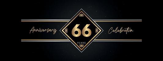 66 años de color dorado de aniversario con marco decorativo aislado en fondo negro para el evento de celebración de aniversario, fiesta de cumpleaños, folleto, tarjeta de felicitación. diseño de plantilla de aniversario de 66 años vector