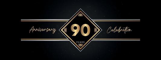 Color dorado de aniversario de 90 años con marco decorativo aislado en fondo negro para evento de celebración de aniversario, fiesta de cumpleaños, folleto, tarjeta de felicitación. diseño de plantilla de aniversario de 90 años vector