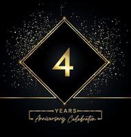 Celebración del aniversario de 4 años con marco dorado y brillo dorado sobre fondo negro. diseño vectorial para tarjetas de felicitación, fiesta de cumpleaños, boda, fiesta de eventos, invitación. Logotipo de aniversario de 4 años. vector