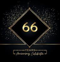 66 years anniversary celebration with golden frame and gold glitter on black background. Vector design for greeting card, birthday party, wedding, event party, invitation. 66 years Anniversary logo.