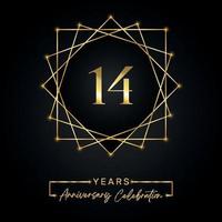Diseño de celebración de aniversario de 14 años. Logotipo del 14 aniversario con marco dorado aislado en fondo negro. diseño vectorial para evento de celebración de aniversario, fiesta de cumpleaños, tarjeta de felicitación. vector