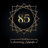 85 years Anniversary Celebration Design. 85 anniversary logo with golden frame isolated on black background. Vector design for anniversary celebration event, birthday party, greeting card.