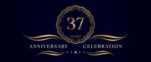 37 years anniversary celebration with elegant circle frame isolated on dark blue background. Vector design for greeting card, birthday party, wedding, event party, ceremony. 37 years Anniversary logo.