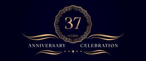 37 years anniversary celebration with elegant circle frame isolated on dark blue background. Vector design for greeting card, birthday party, wedding, event party, ceremony. 37 years Anniversary logo.