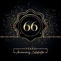 66 years anniversary celebration with golden star frame isolated on black background. Vector design for greeting card, birthday party, wedding, event party, invitation card. 66 years Anniversary logo.