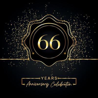 66 years anniversary celebration with golden star frame isolated on black background. Vector design for greeting card, birthday party, wedding, event party, invitation card. 66 years Anniversary logo.
