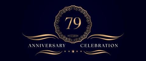 79 years anniversary celebration with elegant circle frame isolated on dark blue background. Vector design for greeting card, birthday party, wedding, event party, ceremony. 79 years Anniversary logo.