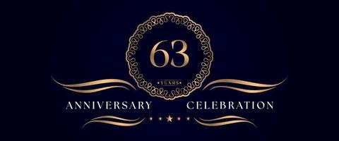 63 years anniversary celebration with elegant circle frame isolated on dark blue background. Vector design for greeting card, birthday party, wedding, event party, ceremony. 63 years Anniversary logo.