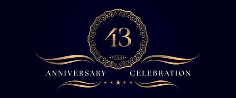 43 years anniversary celebration with elegant circle frame isolated on dark blue background. Vector design for greeting card, birthday party, wedding, event party, ceremony. 43 years Anniversary logo.