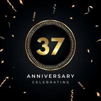 37 years anniversary celebration with circle frame and gold confetti isolated on black background. Vector design for greeting card, birthday party, wedding, event party. 37 years Anniversary logo.