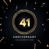 41 years anniversary celebration with circle frame and gold confetti isolated on black background. Vector design for greeting card, birthday party, wedding, event party. 41 years Anniversary logo.