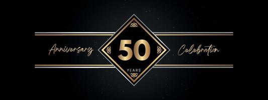 Color dorado de 50 años con marco decorativo aislado en fondo negro para evento de celebración de aniversario, fiesta de cumpleaños, folleto, tarjeta de felicitación. diseño de plantilla de aniversario de 50 años vector