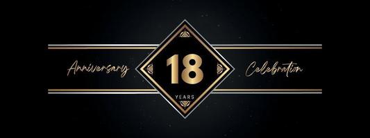 Color dorado de aniversario de 18 años con marco decorativo aislado en fondo negro para evento de celebración de aniversario, fiesta de cumpleaños, folleto, tarjeta de felicitación. diseño de plantilla de aniversario de 18 años vector