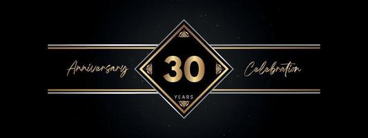 30 años de color dorado de aniversario con marco decorativo aislado en fondo negro para el evento de celebración de aniversario, fiesta de cumpleaños, folleto, tarjeta de felicitación. diseño de plantilla de aniversario de 30 años vector