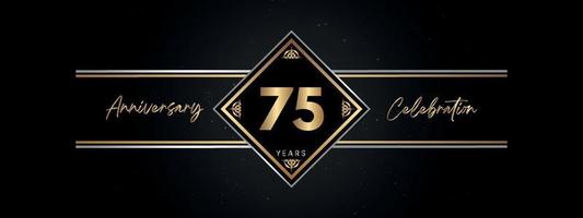75 años de color dorado de aniversario con marco decorativo aislado en fondo negro para el evento de celebración de aniversario, fiesta de cumpleaños, folleto, tarjeta de felicitación. diseño de plantilla de aniversario de 75 años