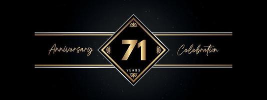 Color dorado de aniversario de 71 años con marco decorativo aislado en fondo negro para evento de celebración de aniversario, fiesta de cumpleaños, folleto, tarjeta de felicitación. diseño de plantilla de aniversario de 71 años vector