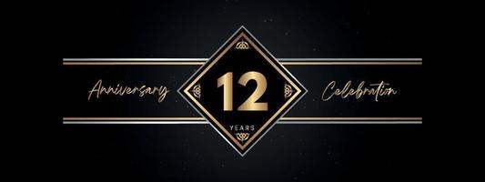 12 years anniversary golden color with decorative frame isolated on black background for anniversary celebration event, birthday party, brochure, greeting card. 12 Year Anniversary Template Design vector