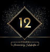 Celebración del aniversario de 12 años con marco dorado y brillo dorado sobre fondo negro. diseño vectorial para tarjetas de felicitación, fiesta de cumpleaños, boda, fiesta de eventos, invitación. Logotipo de aniversario de 12 años. vector