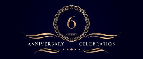 6 years anniversary celebration with elegant circle frame isolated on dark blue background. Vector design for greeting card, birthday party, wedding, event party, ceremony. 6 years Anniversary logo.