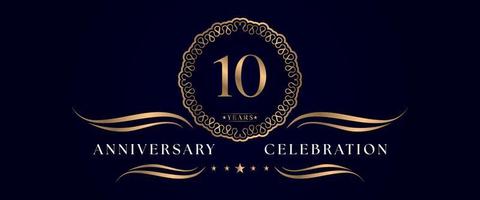 10 years anniversary celebration with elegant circle frame isolated on dark blue background. Vector design for greeting card, birthday party, wedding, event party, ceremony. 10 years Anniversary logo.