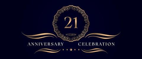 21 years anniversary celebration with elegant circle frame isolated on dark blue background. Vector design for greeting card, birthday party, wedding, event party, ceremony. 21 years Anniversary logo.