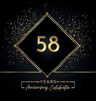 58 years anniversary celebration with golden frame and gold glitter on black background. Vector design for greeting card, birthday party, wedding, event party, invitation. 58 years Anniversary logo.