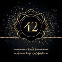 42 years anniversary celebration with golden star frame isolated on black background. Vector design for greeting card, birthday party, wedding, event party, invitation card. 42 years Anniversary logo.