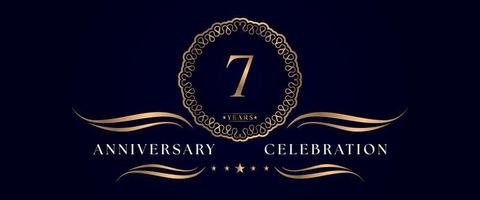 Celebración del aniversario de 7 años con un elegante marco circular aislado en un fondo azul oscuro. diseño vectorial para tarjetas de felicitación, fiesta de cumpleaños, boda, fiesta de eventos, ceremonia. Logotipo de aniversario de 7 años. vector