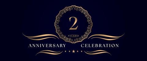 2 years anniversary celebration with elegant circle frame isolated on dark blue background. Vector design for greeting card, birthday party, wedding, event party, ceremony. 2 years Anniversary logo.