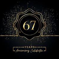 67 years anniversary celebration with golden star frame isolated on black background. Vector design for greeting card, birthday party, wedding, event party, invitation card. 67 years Anniversary logo.