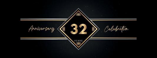 Color dorado de aniversario de 32 años con marco decorativo aislado en fondo negro para evento de celebración de aniversario, fiesta de cumpleaños, folleto, tarjeta de felicitación. diseño de plantilla de aniversario de 32 años vector