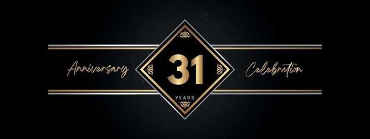 Color dorado de aniversario de 31 años con marco decorativo aislado en fondo negro para evento de celebración de aniversario, fiesta de cumpleaños, folleto, tarjeta de felicitación. diseño de plantilla de aniversario de 31 años vector