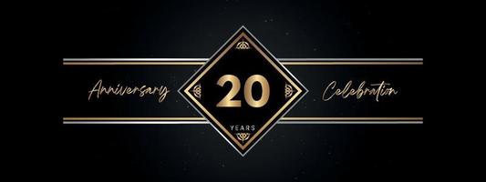 20 años de color dorado de aniversario con marco decorativo aislado en fondo negro para el evento de celebración de aniversario, fiesta de cumpleaños, folleto, tarjeta de felicitación. diseño de plantilla de aniversario de 20 años vector