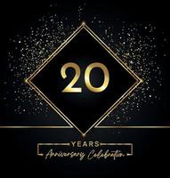20 years anniversary celebration with golden frame and gold glitter on black background. Vector design for greeting card, birthday party, wedding, event party, invitation. 20 years Anniversary logo.