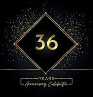 36 years anniversary celebration with golden frame and gold glitter on black background. Vector design for greeting card, birthday party, wedding, event party, invitation. 36 years Anniversary logo.