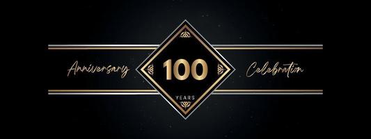 Color dorado de 100 años con marco decorativo aislado en fondo negro para evento de celebración de aniversario, fiesta de cumpleaños, folleto, tarjeta de felicitación. diseño de plantilla de aniversario de 100 años vector