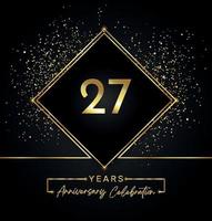 27 years anniversary celebration with golden frame and gold glitter on black background. Vector design for greeting card, birthday party, wedding, event party, invitation. 27 years Anniversary logo.
