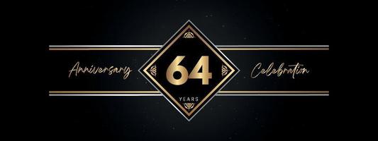 64 años de color dorado de aniversario con marco decorativo aislado en fondo negro para el evento de celebración de aniversario, fiesta de cumpleaños, folleto, tarjeta de felicitación. diseño de plantilla de aniversario de 64 años vector